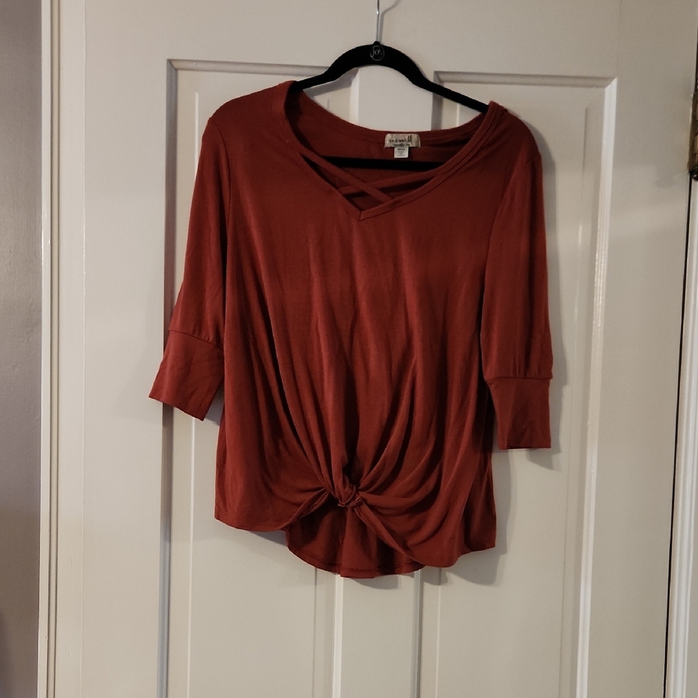 ONE WORLD Brown and Orange 3/4 Sleeve Tie Front Blouse